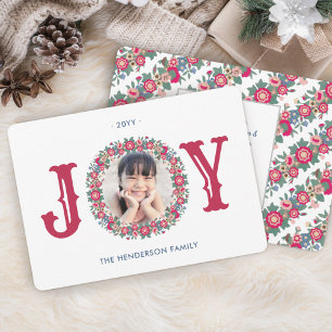Joy Retro Holiday Floral Wreath One Photo Colourfu Card