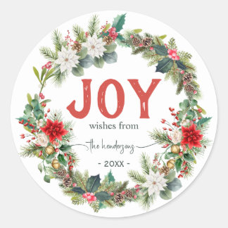 Joy Rustic Typography Name Christmas Wreath  Red  Classic Round Sticker