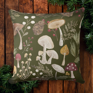 Joy Rustic Woodsy Watercolor Mushroom Christmas Cushion