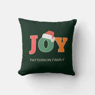 JOY! Santa Hat Script Typography Custom Family Cushion