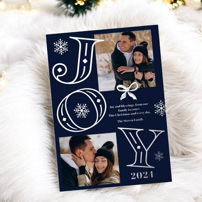 Joy script 2 photos snowflakes blue Christmas (Joy script 2 photos snowflakes blue Christmas Foil Holiday Card)