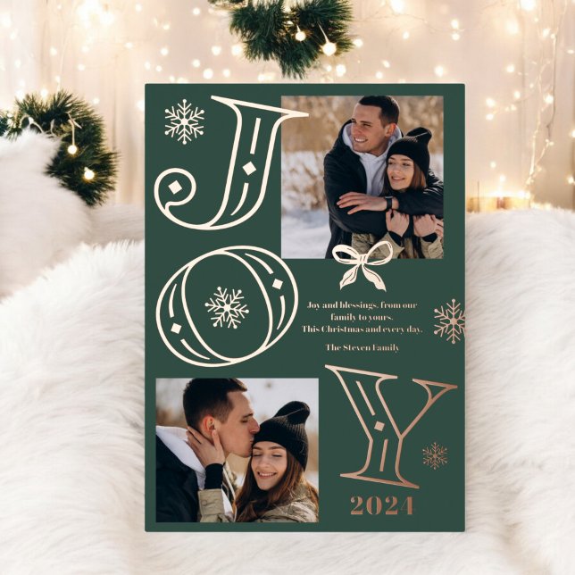 Joy script 2 photos snowflakes green Christmas (Joy script 2 photos snowflakes green Christmas Foil Holiday Card)