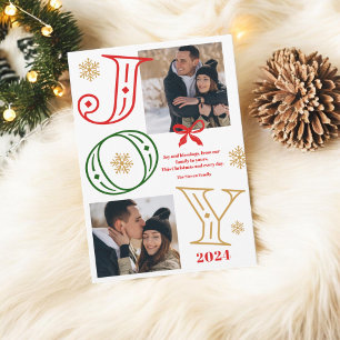 Joy script 2 photos snowflakes red green Christmas Holiday Card
