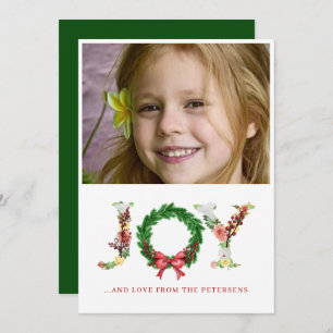 Joy script Christmas floral wreath custom photo Ho Holiday Card