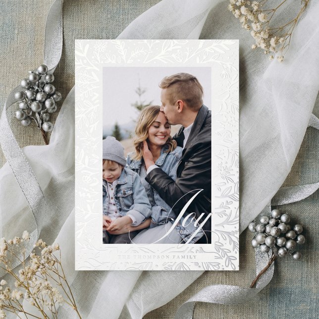 Joy Script Decorative Floral & Foliage Photo Frame (Elegant Joy Script Floral Family Photo Christmas Foil Holiday Card)