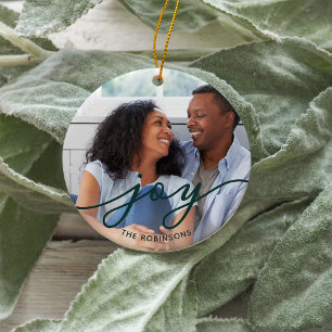 Joy Script   Family Name Double Sided Photo Ceramic Tree Decoration
