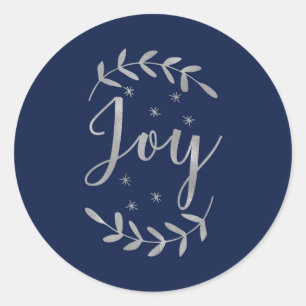 JOY Silver Blue Botanical Leaf Modern Holiday Classic Round Sticker