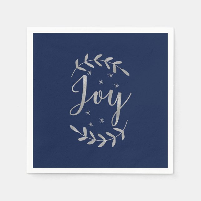 JOY Silver Blue Botanical Leaf Modern Holiday Napkin (Front)