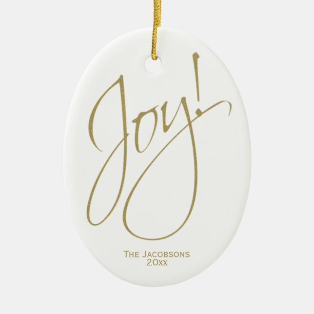 Joy! Simple Elegant Gold & White Christmas Photo Ceramic Tree Decoration (Front)
