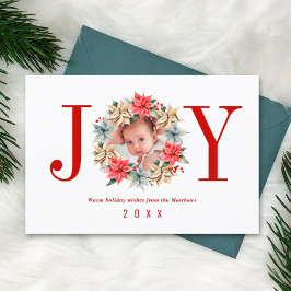 Joy Simple Farmhouse Poinsettia Wreath and Photo Holiday Card