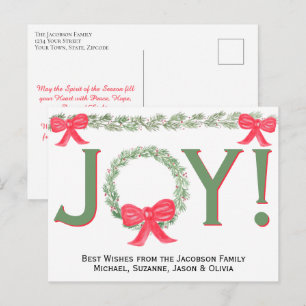 Joy! Simple Watercolor Wreath & Garland with Bows Holiday Postcard