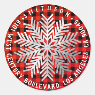 Joy Snow Christmas Return RSVP Buffalo Red Silver Classic Round Sticker
