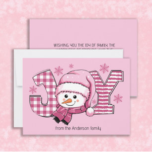 Joy Snowman Pink White Christmas Holiday Card