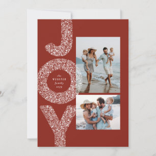 Joy speckled snow two photo terracotta Christmas Holiday Card