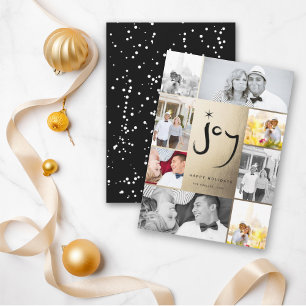 Joy & Star Brush Script Faux Foil Stylish 6 Photo Holiday Card