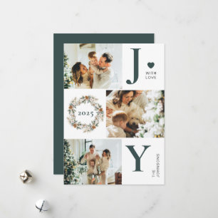 Joy Stylish 3 Photo Collage Dark Green Christmas Holiday Card