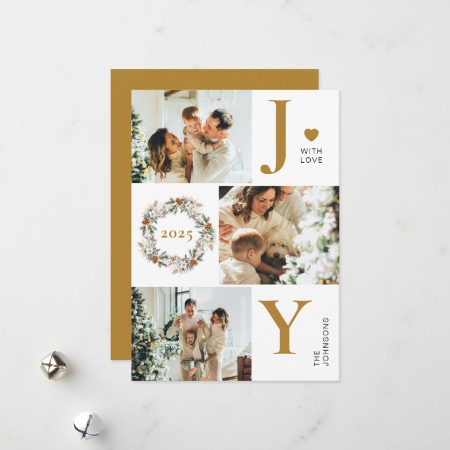 Joy Stylish Modern Photo Collage | Gold Christmas Holiday Card (Front/Back In Situ)