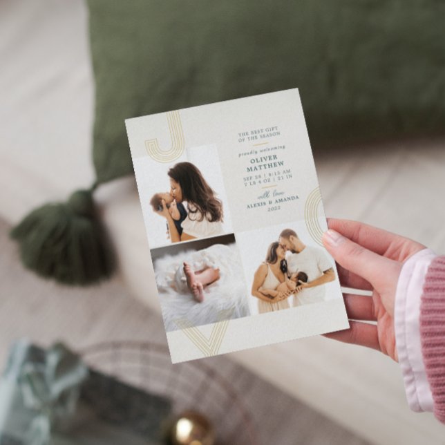 Joy Teal Birth Announcement Gold Foil Holiday (Creator Uploaded)