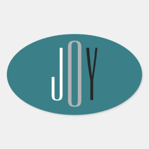 Joy Teal White Grey Black Modern Christmas Custom Oval Sticker