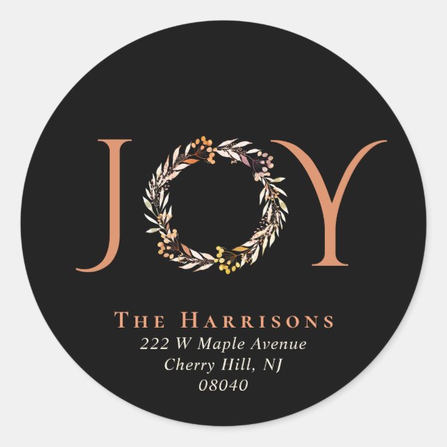 Joy Terracotta Wreath Christmas Return Address Classic Round Sticker (Front)