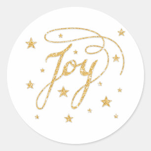 JOY Text In Faux Gold Glitter Look With Stars Classic Round Sticker