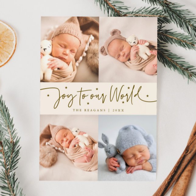 Joy To Our World Cream Multi Photo Birth  Announcement (Creator Uploaded)