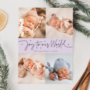 Joy To Our World Purple Multi Photo Birth Announcement