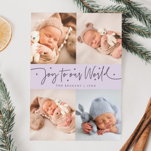 Joy To Our World Purple Multi Photo Birth  Announcement (Creator Uploaded)