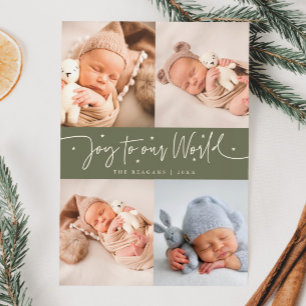 Joy To Our World Sage Green Multi Photo Birth Announcement