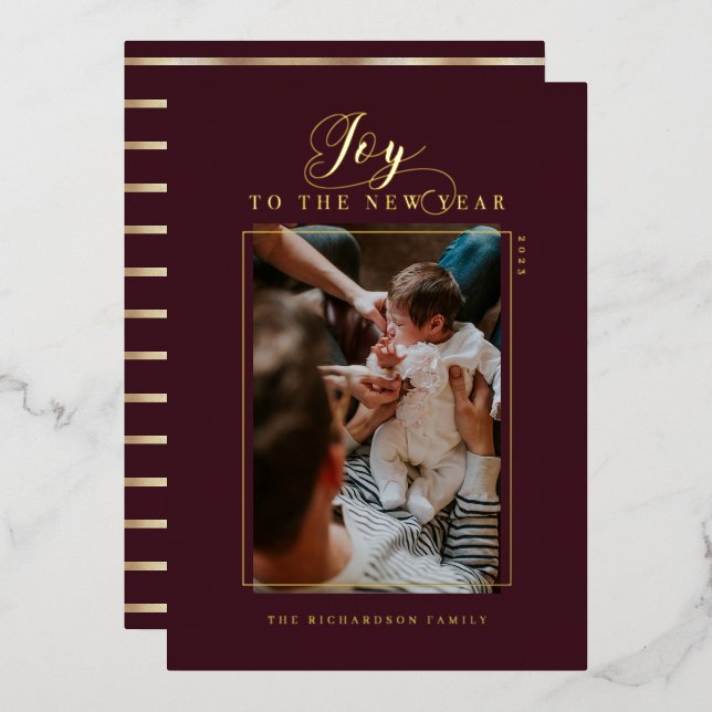 Joy to the New Year Elegant Script Photo & Stripes (Front/Back)