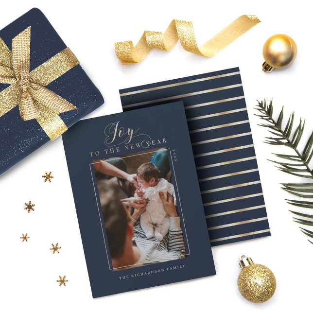 Joy to the New Year Elegant Script Photo & Stripes Holiday Card (Creator Uploaded)
