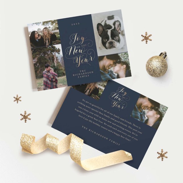 Joy to the New Year | Four Photo Elegant Script Holiday Card (Creator Uploaded)