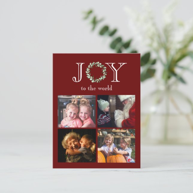 Joy to the World 4 Photos Personalised Budget Holiday Postcard (Standing Front)