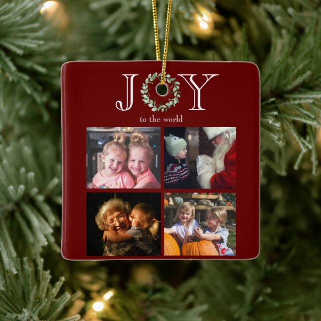 Joy to the World 4 Photos Personalised Red Ceramic Ornament (Tree)