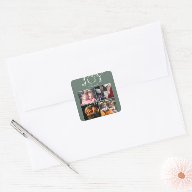 Joy to the World 4 Photos Year Personalised Square Sticker (Envelope)