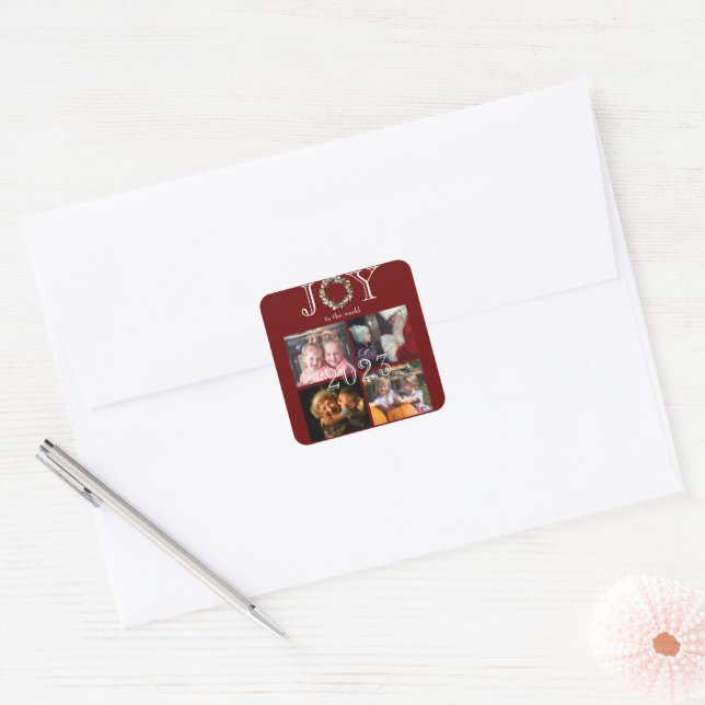Joy to the World 4 Photos Year Red Personalised Square Sticker (Envelope)