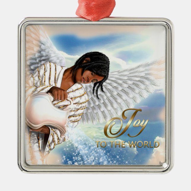 Joy to the World. African American Angel Metal Tree Decoration (Front)