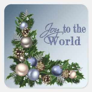 Joy to the World Blue Christmas Balls and Garland Square Sticker