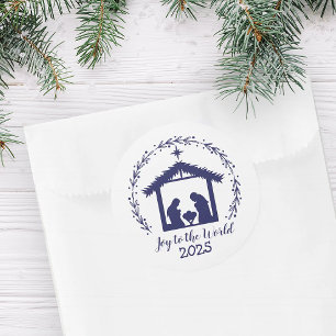 Joy to the World Blue Nativity Classic Round Stick Sticker