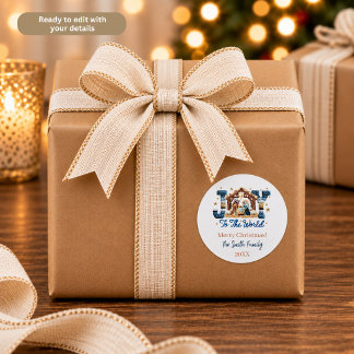 Joy to the World Blue Nativity Scene Personalised Classic Round Sticker