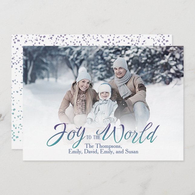 Joy to the World Calligraphy Script Blue 1 Photo Holiday Card (Front/Back)