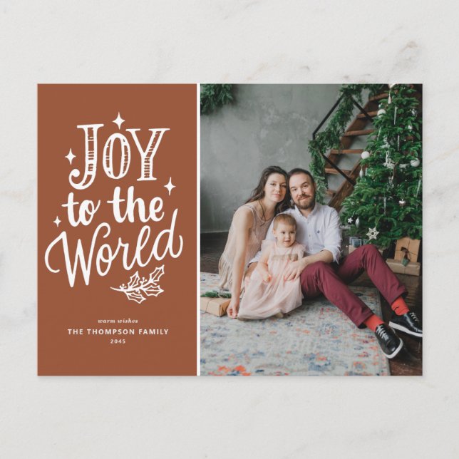 Joy To The World Christmas Carol Terracotta Photo Holiday Postcard (Front)