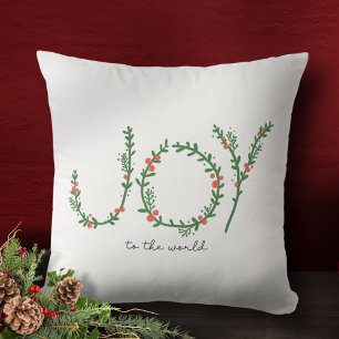 Joy to the World Christmas Green Wreath & Berries Cushion