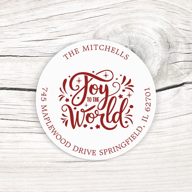 Joy to the World Christmas Holidays Red Script  Classic Round Sticker (Creator Uploaded)