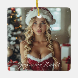 JOY TO THE WORLD - Christmas Santa Girl Ceramic Ornament