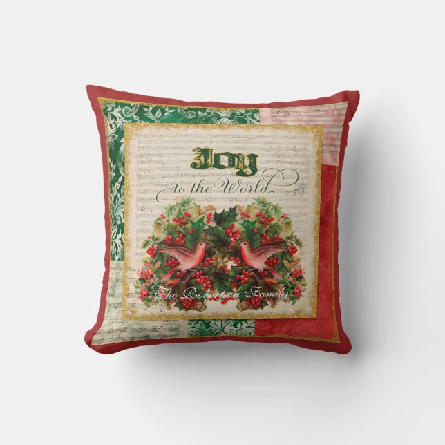 Joy to the World Christmas Sheet Music Family Name Cushion (Front)