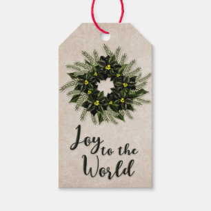Joy to the World   Dark Green Poinsettia Wreath Gift Tags