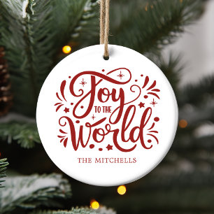 Joy to the World Elegant Red Script Christian  Ceramic Tree Decoration