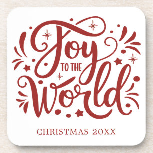 Joy to the World Elegant Red Script Christian Coaster