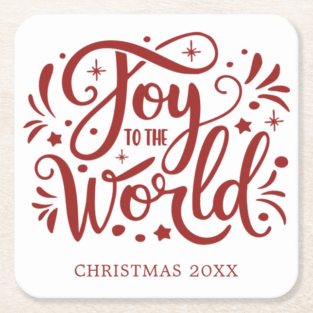 Joy to the World Elegant Red Script Christian  Square Paper Coaster (Front)